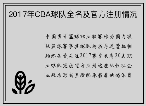 2017年CBA球队全名及官方注册情况