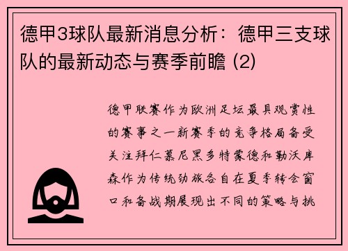 德甲3球队最新消息分析：德甲三支球队的最新动态与赛季前瞻 (2)
